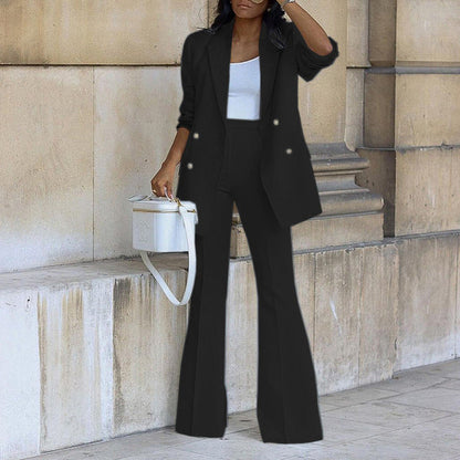 Women's Elegant Buttoned Blazer with Flared Trouser Two-piece Set | Perfect for Casual Days