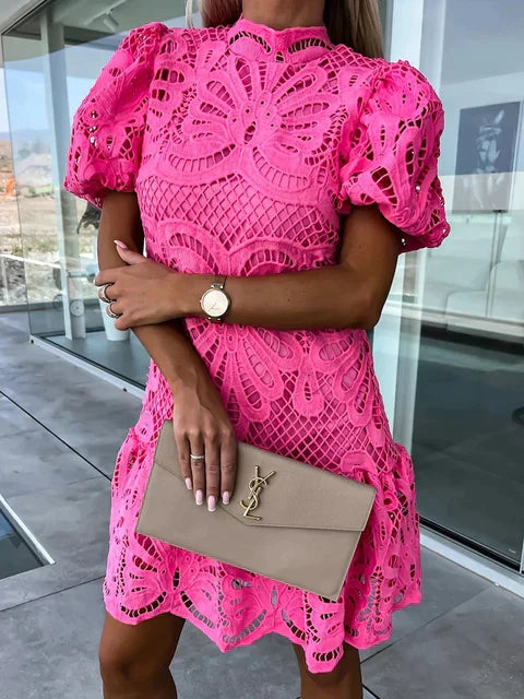 Women's Elegant Lightweight Dress with Puff Sleeves and Embroidery
