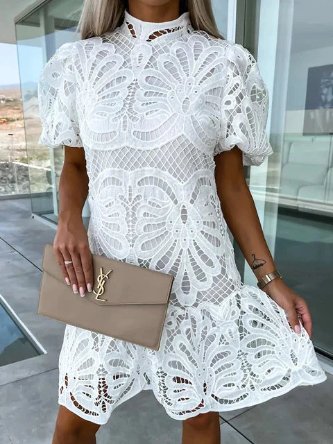 Women's Elegant Lightweight Dress with Puff Sleeves and Embroidery