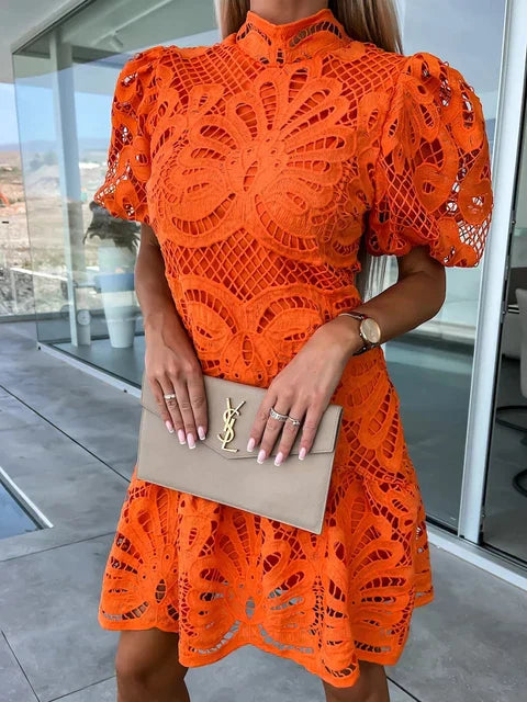 Women's Elegant Lightweight Dress with Puff Sleeves and Embroidery