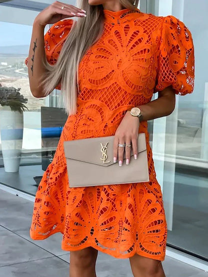 Women's Elegant Lightweight Dress with Puff Sleeves and Embroidery