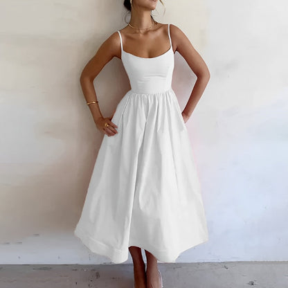 Women's Elegant Fabric Puff Dress with Spaghetti Straps for Summer Occasions