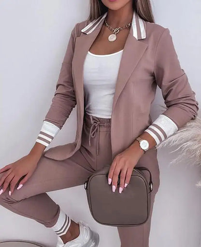 Women's Trendy White Contrasting Color Lapel Blazer with Pants Set | Perfect for Casual Days