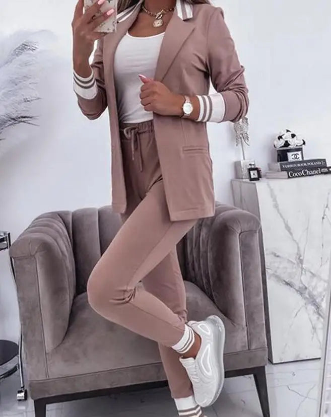 Women's Trendy White Contrasting Color Lapel Blazer with Pants Set | Perfect for Casual Days