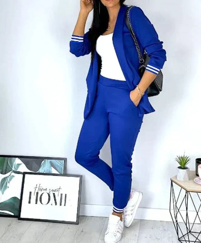 Women's Trendy White Contrasting Color Lapel Blazer with Pants Set | Perfect for Casual Days