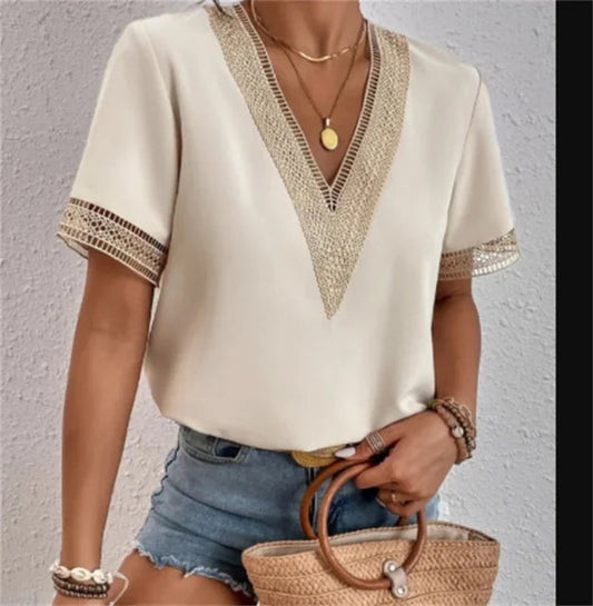 Women’s V-Neck Blouse with Lace Detailing