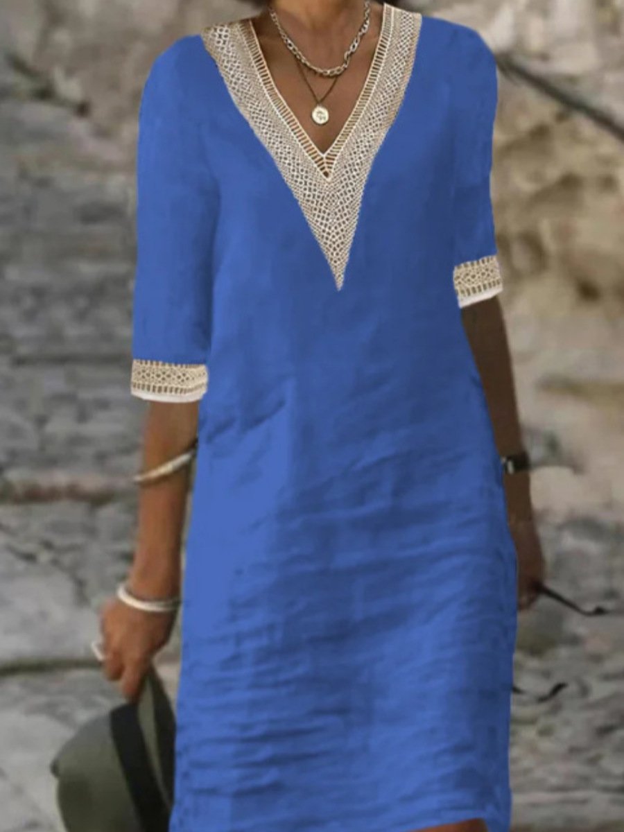 Women's V-Neck Dress with Three-Quarter Sleeves