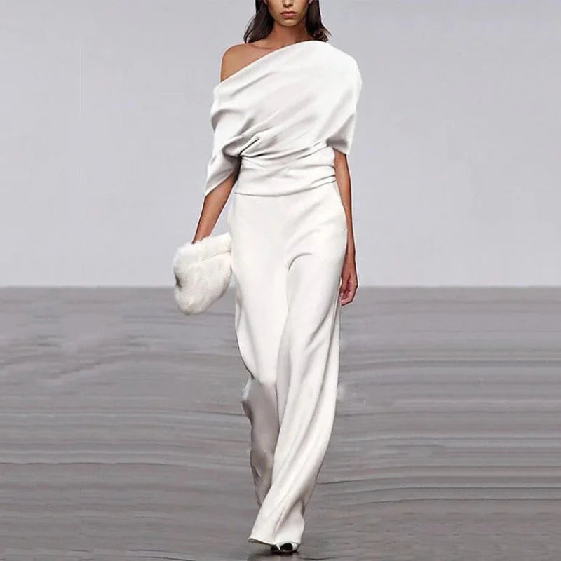 Women's Jumpsuit with Off-Neckline and Gathered Waist