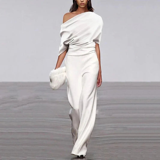 Women's Jumpsuit with Off-Neckline and Gathered Waist