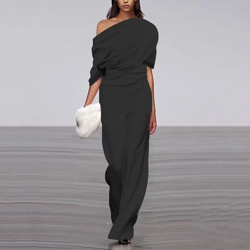 Women's Jumpsuit with Off-Neckline and Gathered Waist