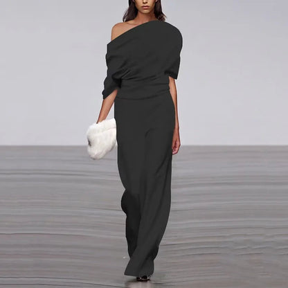 Women's Jumpsuit with Off-Neckline and Gathered Waist