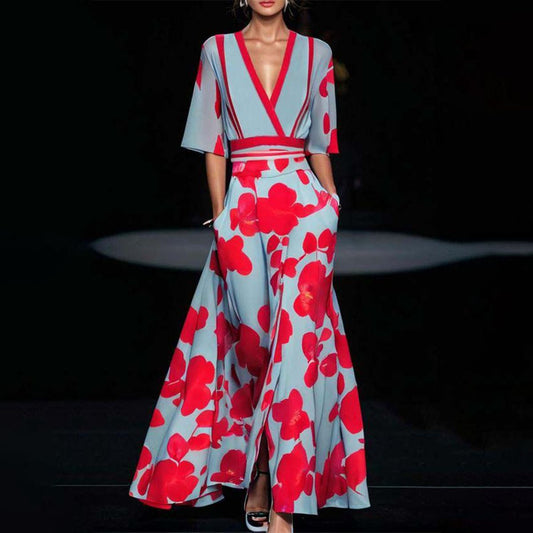 Women's Floral Maxi Dress with V-Neck