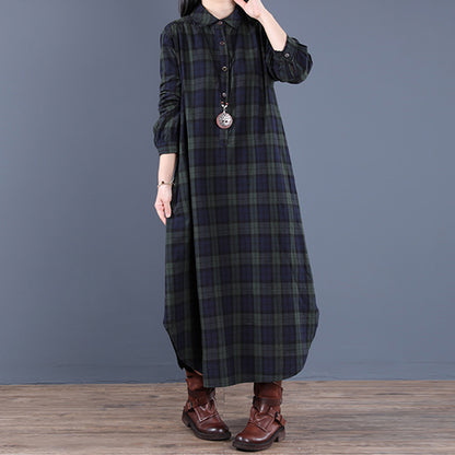 Women's Long-Sleeve Dress with Plaid Pattern
