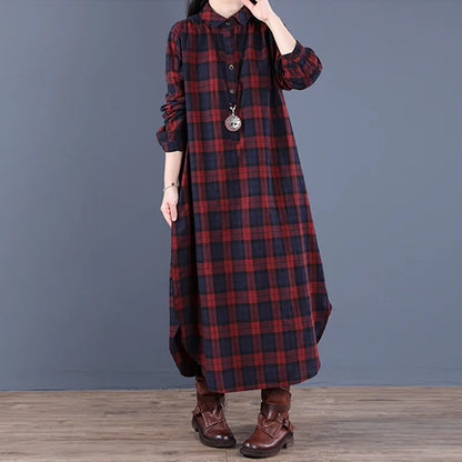 Women's Long-Sleeve Dress with Plaid Pattern