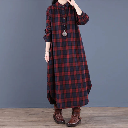 Women's Long-Sleeve Dress with Plaid Pattern