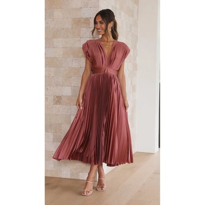 Women's Pleated Maxi Dress with V-Neck