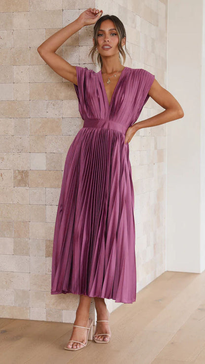 Women's Pleated Maxi Dress with V-Neck