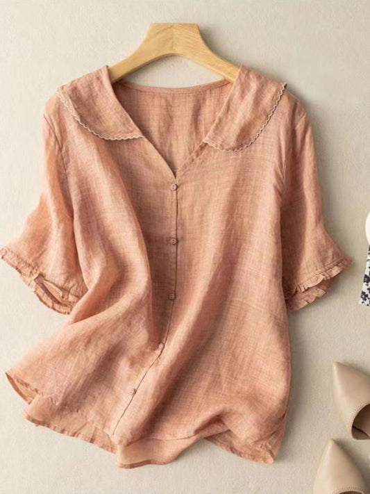 Women's Short Sleeve Blouse with Doll Collar