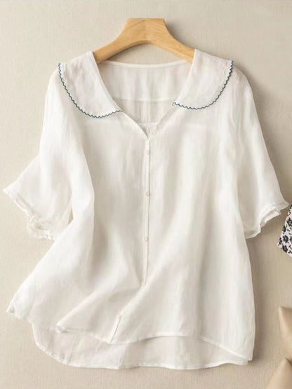 Women's Short Sleeve Blouse with Doll Collar