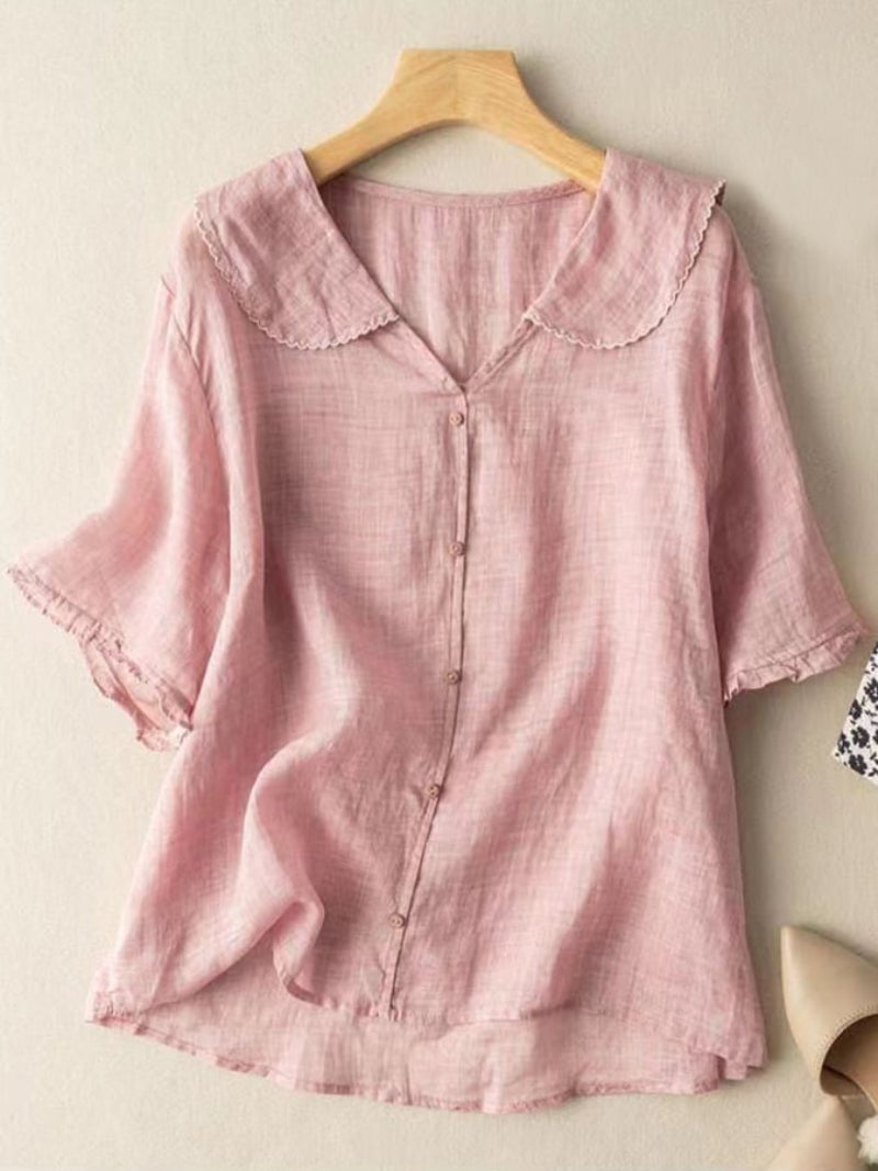Women's Short Sleeve Blouse with Doll Collar