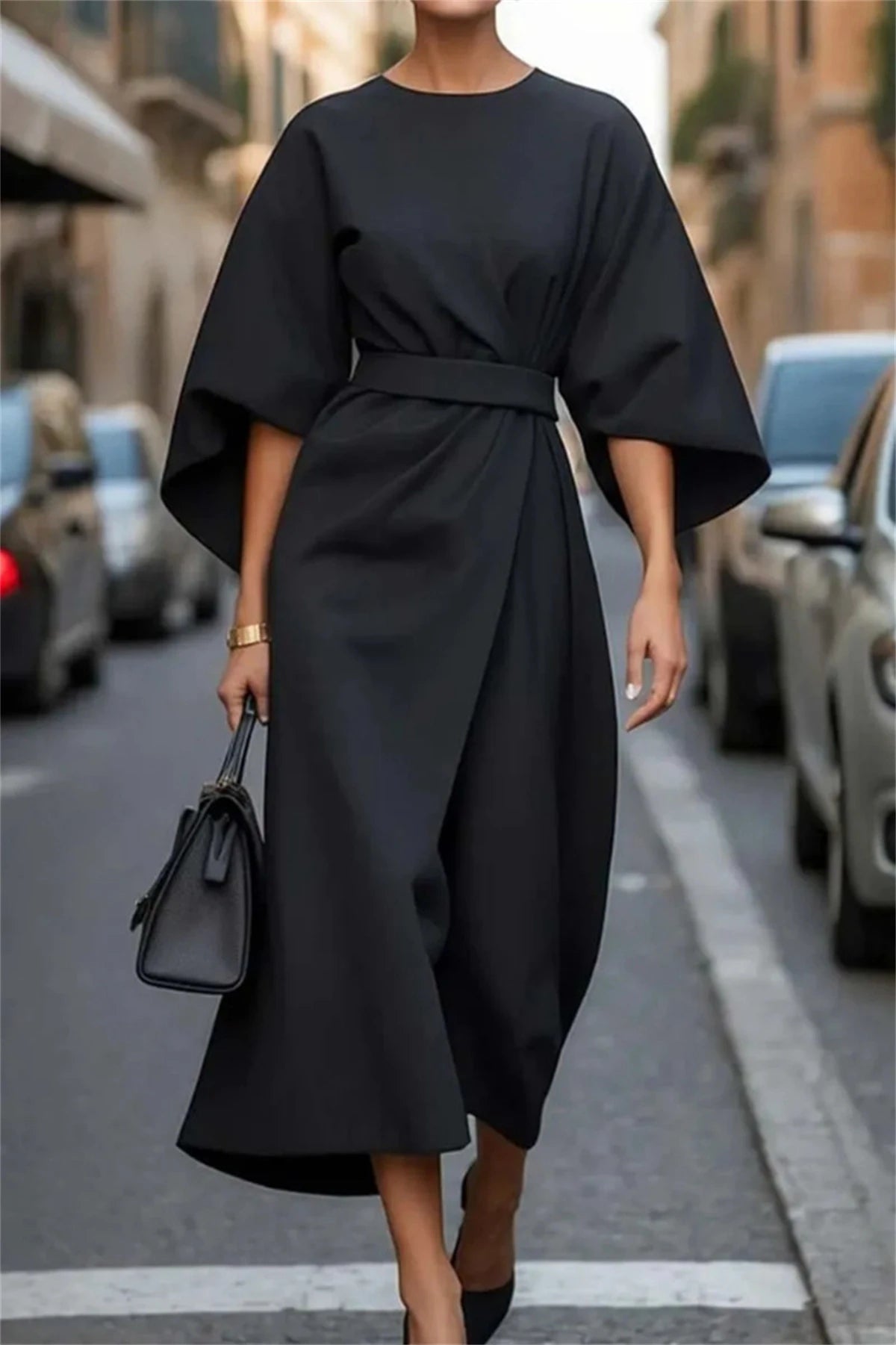 Women's A-Line Midi Dress with Belted Waist