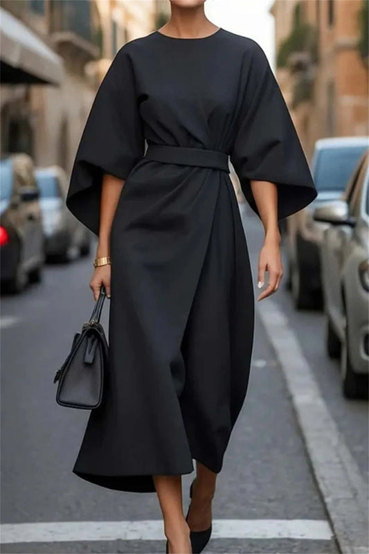 Women's A-Line Midi Dress with Belted Waist