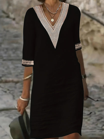 Women’s V-Neck Dress with Lace Detail