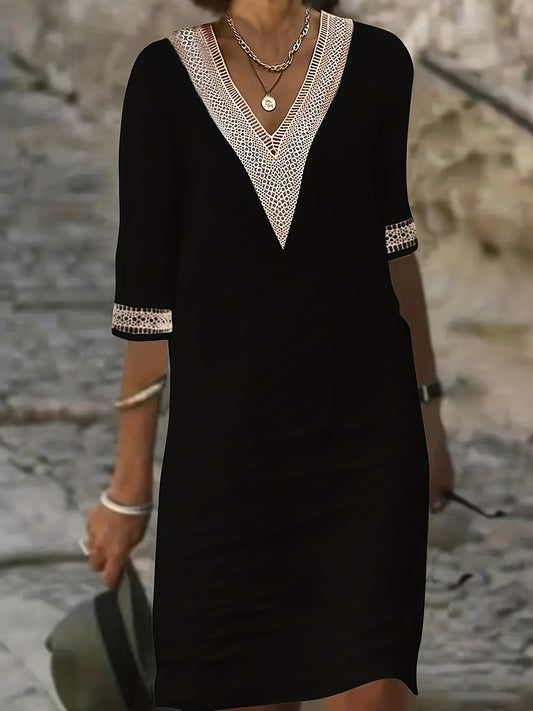Women’s V-Neck Dress with Lace Detail