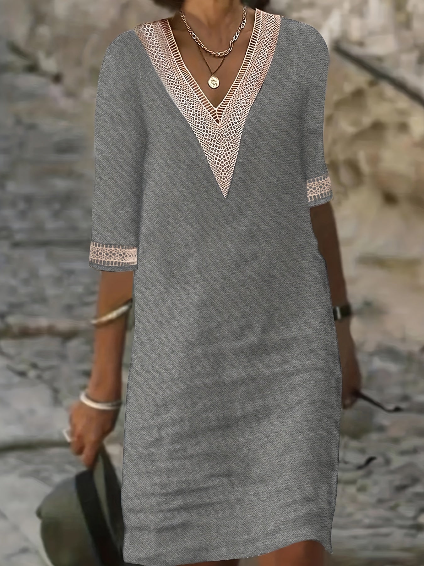 Women’s V-Neck Dress with Lace Detail