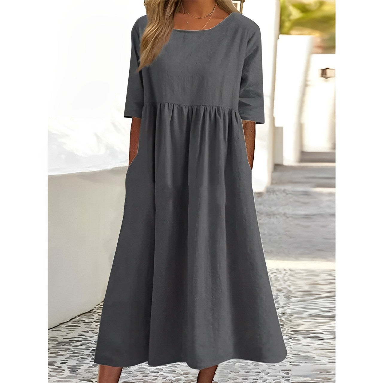 Women's Plain Pleated Midi Dress