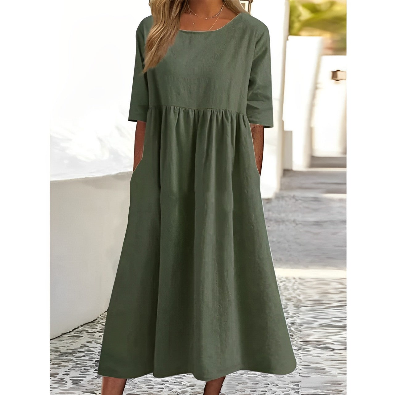 Women's Plain Pleated Midi Dress