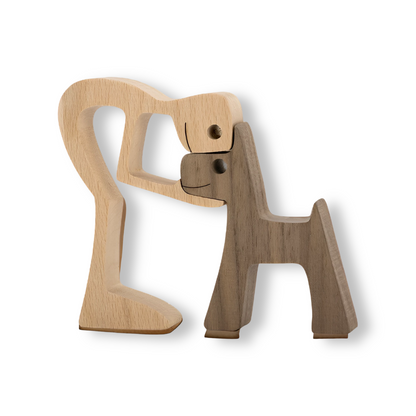 Wooden Carving Sculpture of Dog and Human Connection 0
