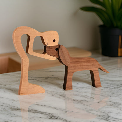 Wooden Carving Sculpture of Dog and Human Connection 1