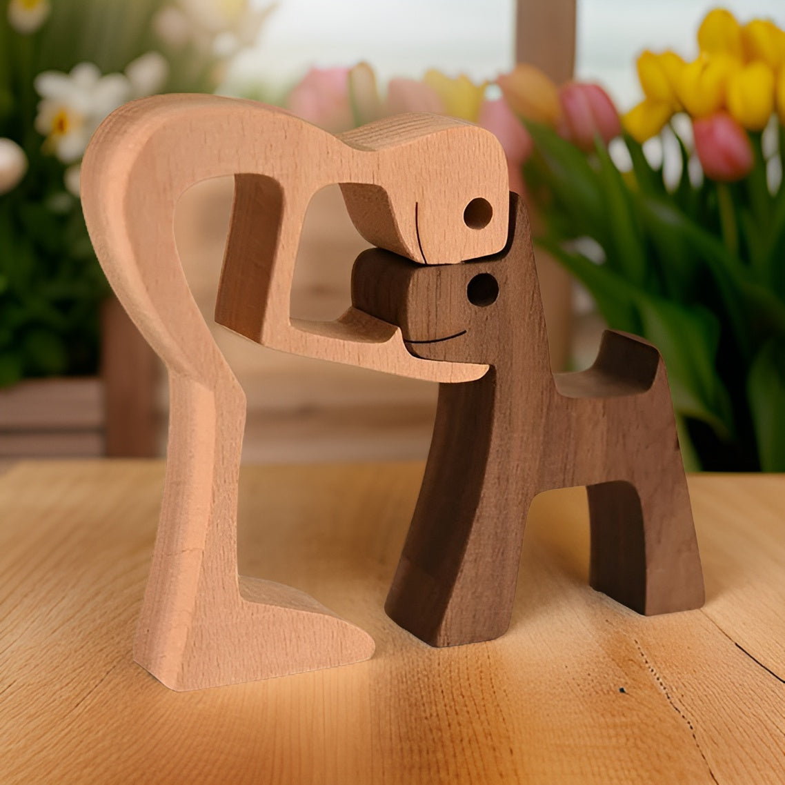 Wooden Carving Sculpture of Dog and Human Connection 2
