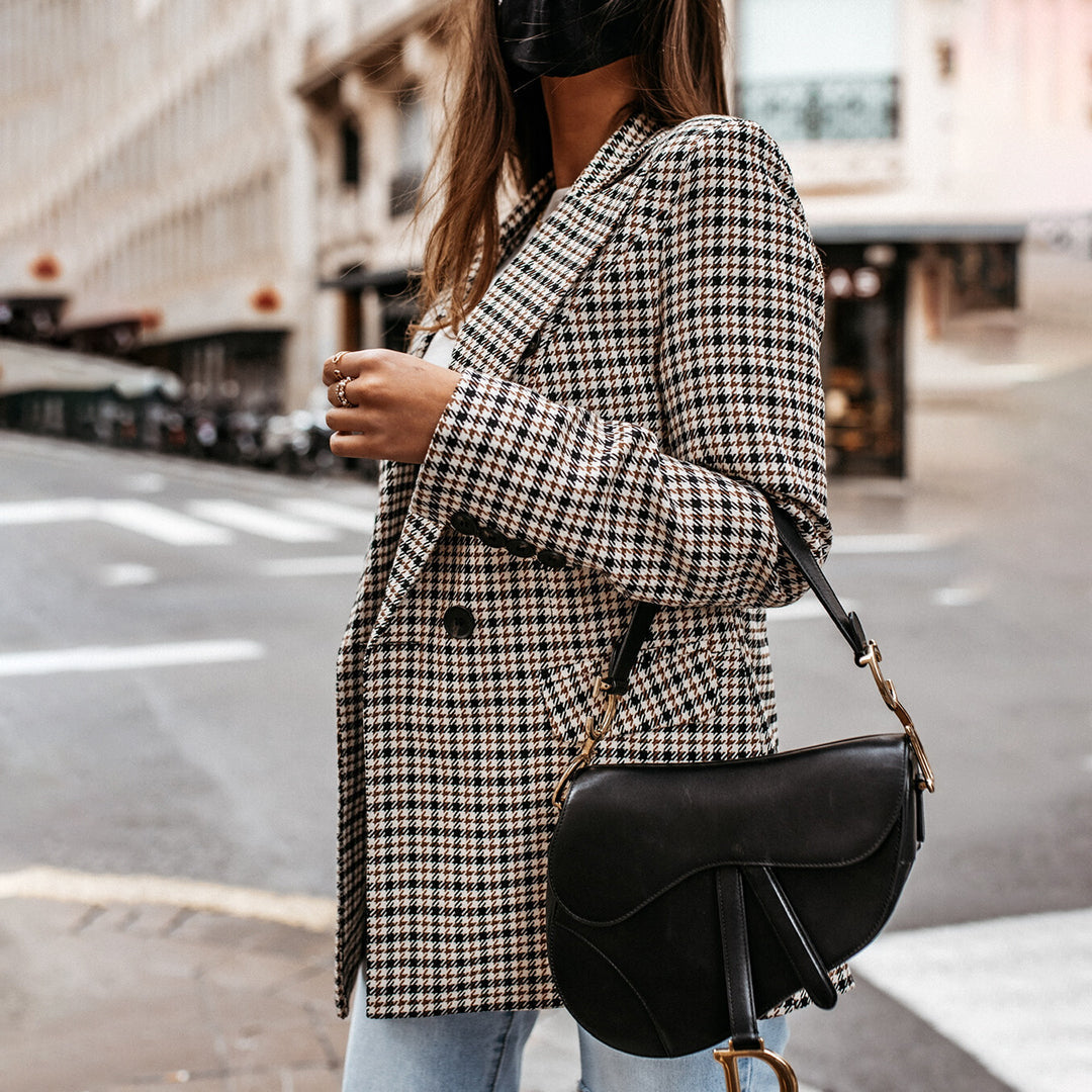 Women's Rust Checked Slim Buttoned Blazer with Pockets | Perfect for Casual Days