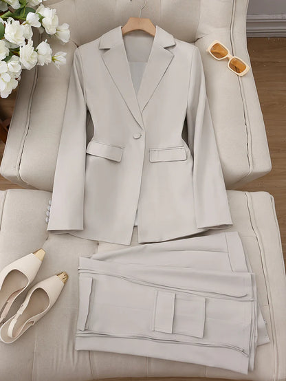 Elegant Shawl Collar Blazer & Flap Pocket Pants Blazer Set for Women | For Formal Occasions