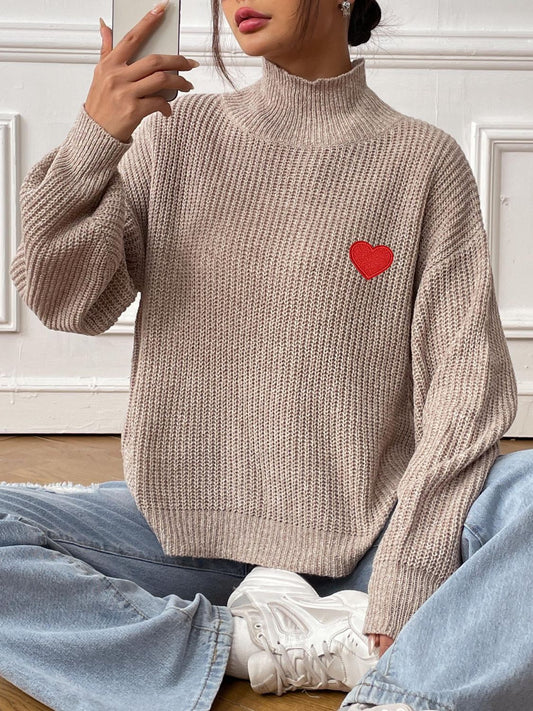 Women's Fashionable Khaki Cashmere Turtleneck Jumper with Heart Detail | Ideal for Winter