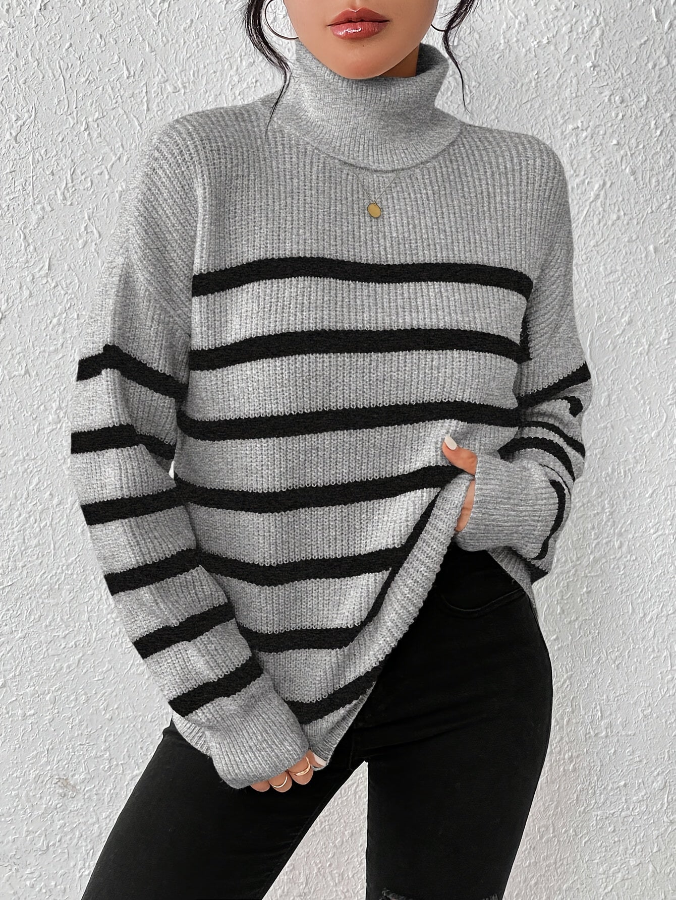 Women's Casual Grey Striped Turtleneck Jumper | Ideal for Winter