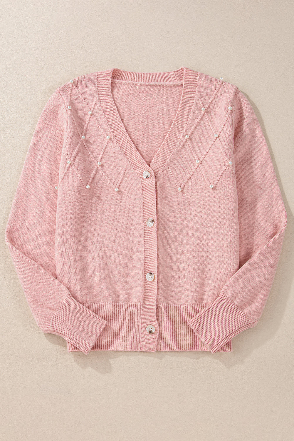 Women's Refined Textured Pink Cashmere Knit Button-Up Cardigan with Pearls| Ideal for Winter