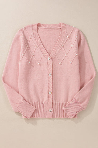 Women's Refined Textured Pink Cashmere Knit Button-Up Cardigan with Pearls| Ideal for Winter