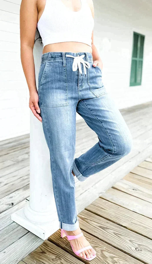 Women's Stretchy High Waist Denim Jogger Pants with Drawstring | Perfect for Casual Days