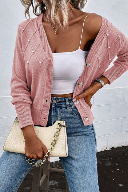 Women's Refined Textured Pink Cashmere Knit Button-Up Cardigan with Pearls| Ideal for Winter
