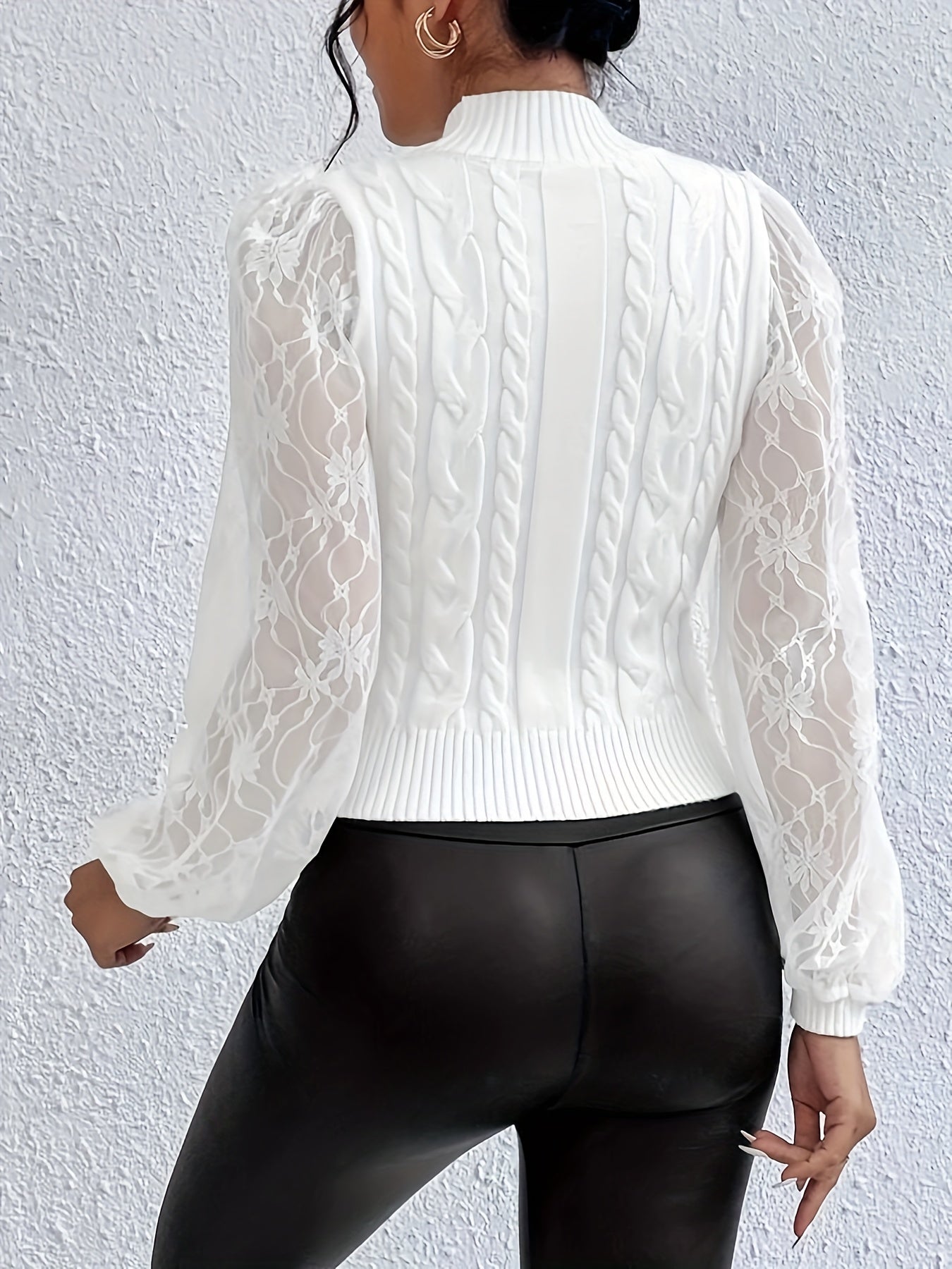 Women's Casual Contrast Mesh White Long Sleeve Turtleneck Jumper | Ideal for Winter