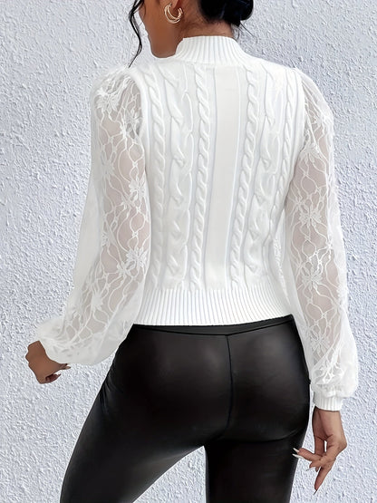 Women's Casual Contrast Mesh White Long Sleeve Turtleneck Jumper | Ideal for Winter