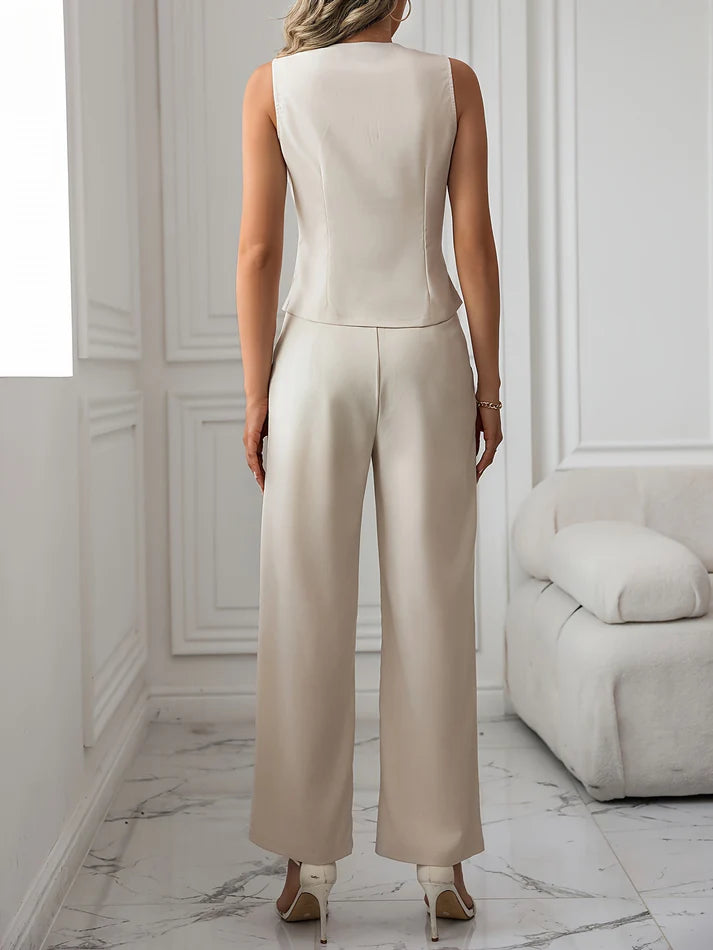 Casual Solid Color Pantsuit Two-Piece Set with Single Breasted Vest for Women | Perfect for Casual Days