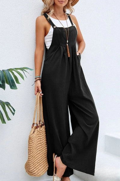 Women's Loose Square Neck Linen Jumpsuit with Adjustable Strap | Ideal for Summer
