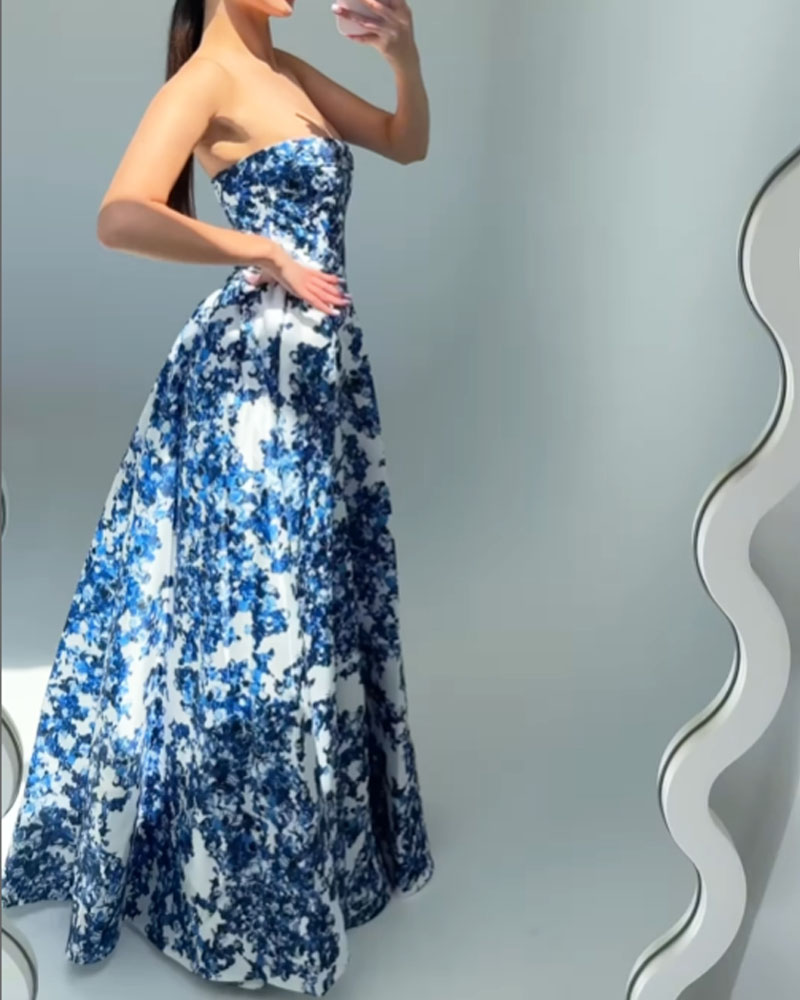 Women's Elegant Floral Evening Gown with Strapless Design