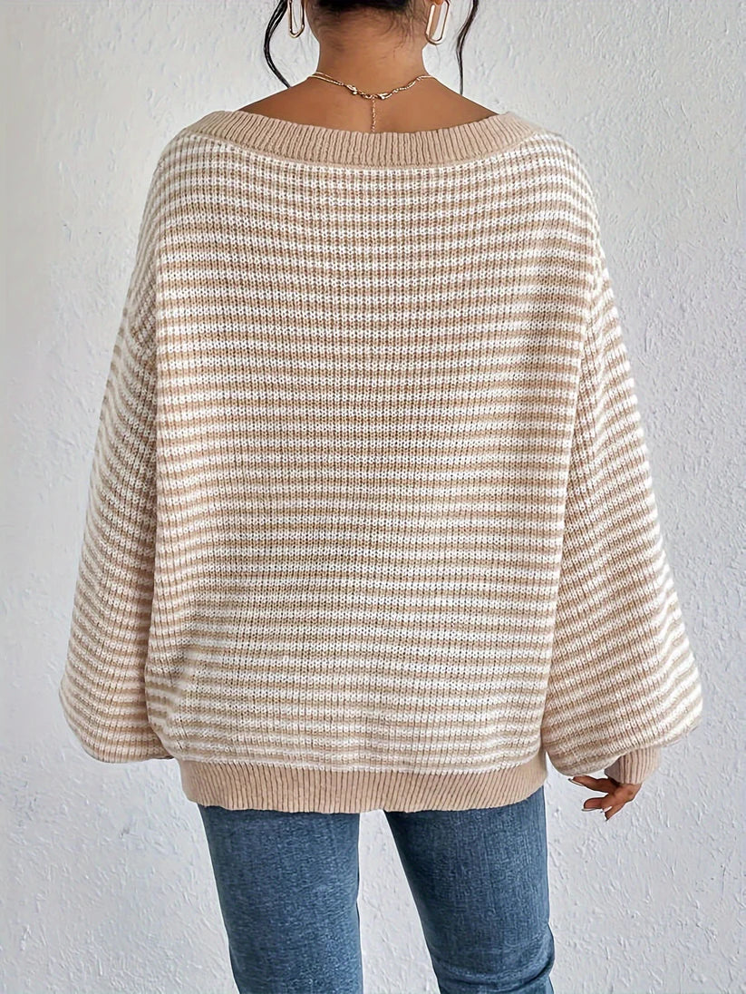 Casual Striped Off Shoulder Knit Sweater with Stretchy Fabric and Round Neck for Women | Perfect for Casual Days