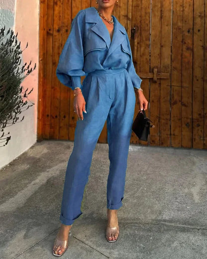 Women's Loose Fit Blazer with Long Pants Two Piece Set | Ideal for Summer