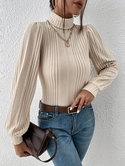 Women's Elegant Beige Ribbed Turtleneck Jumper | Ideal for Winter